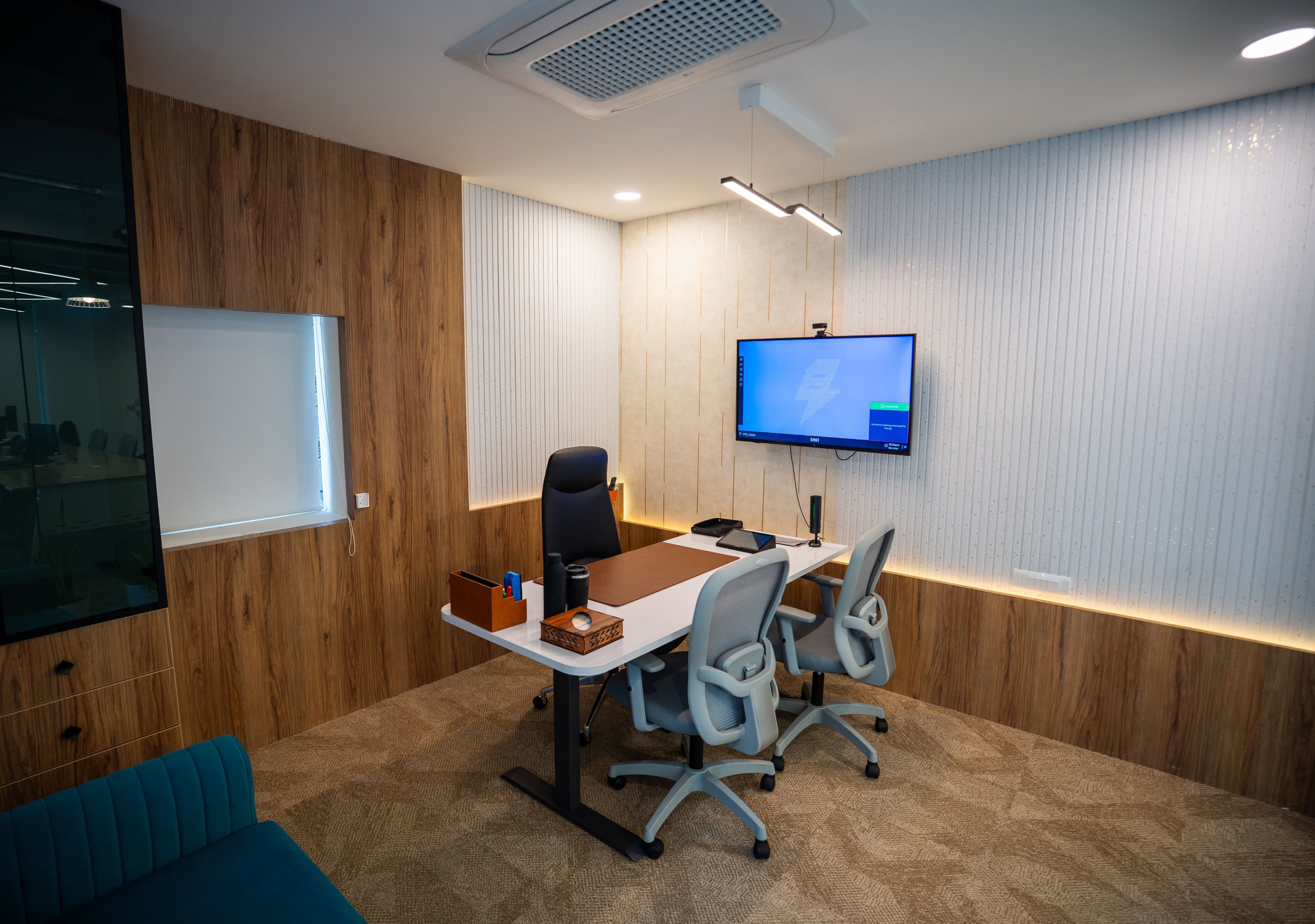 Professional reception desk with a virtual office sign-in screen