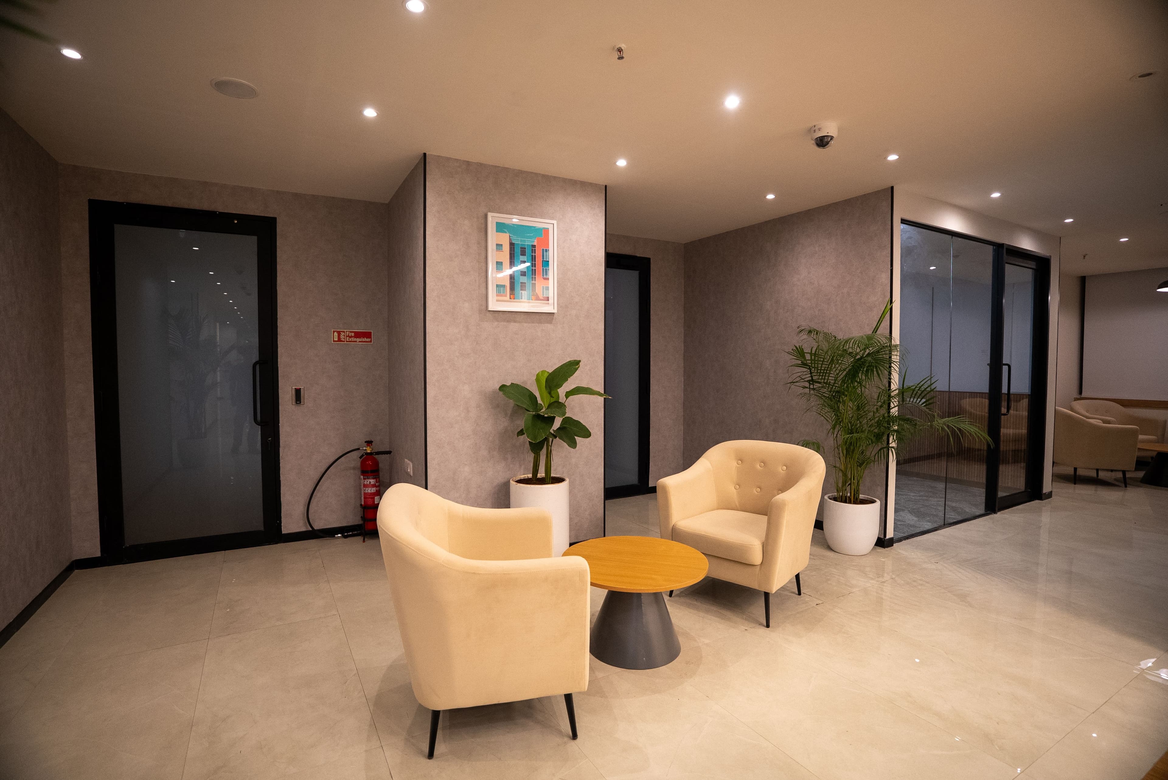 Modern open-plan office with warm lighting