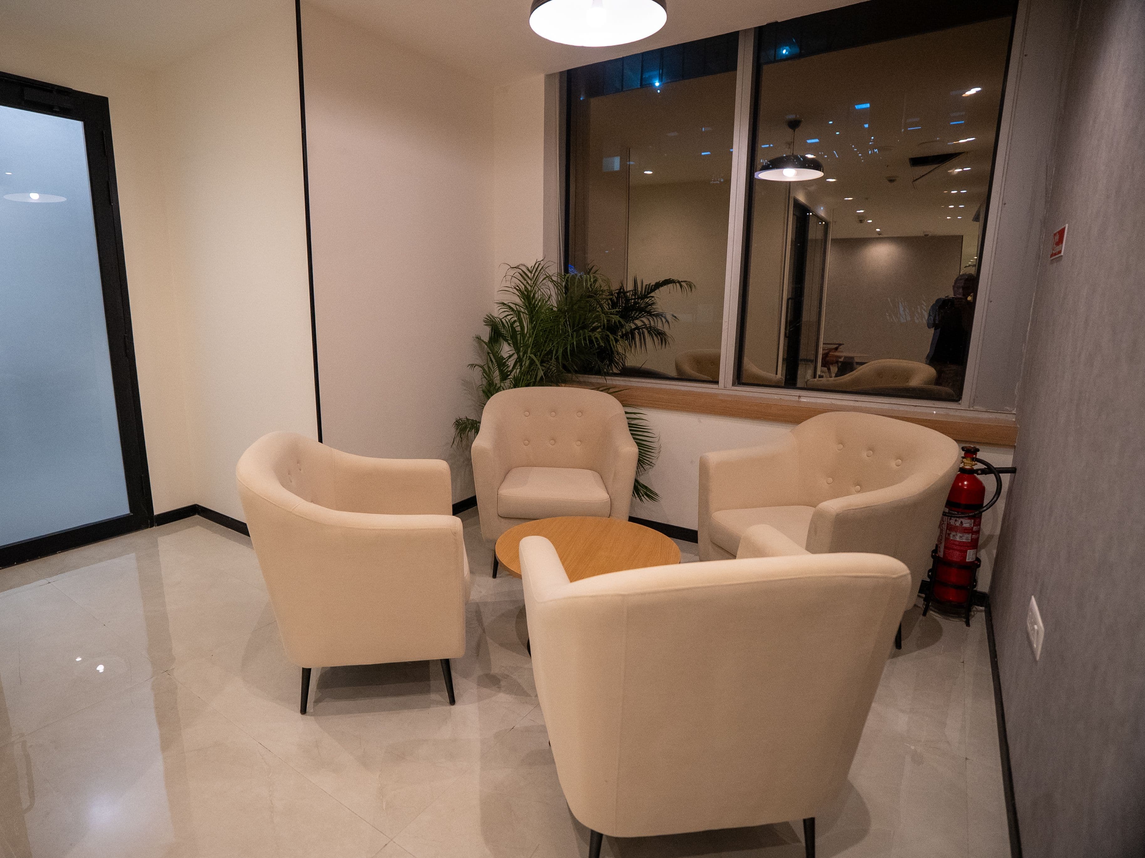 Modern office reception with warm lighting